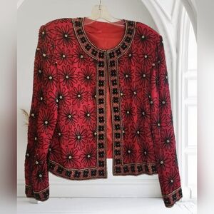 Vintage Unknown Classic Red Silk Black Gold Floral Beaded Jacket Coat Cardigan